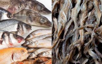 Рыба (и того: лосось 13%, сушёный лосось 8%, сушёная сельдь 8%, сушёная белая рыба 8% (сайда, треска, пикша, морская щука), форель 8%, масло лосося 7%, сушёные креветки 3%, бульон из лосося 2%)