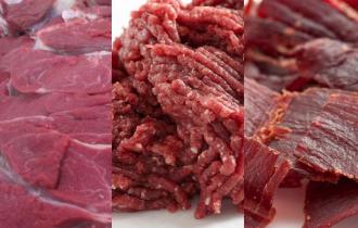 Свежеприготовленное мясо (мясо говядины, говяжий фарш (рубец, лёгкие, обрезь мясная), обезвоженное мясо говядины)