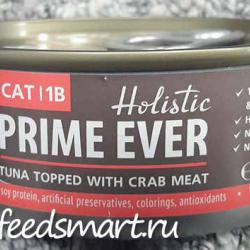 Фото консервированного дополнительного корма «Прайм Эвер» с тунцом и крабовым мясом для кошек