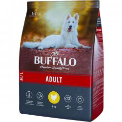 Сухой полнорационный корм «Мистер Буффало» с курицей для взрослых собак средних и крупных пород.