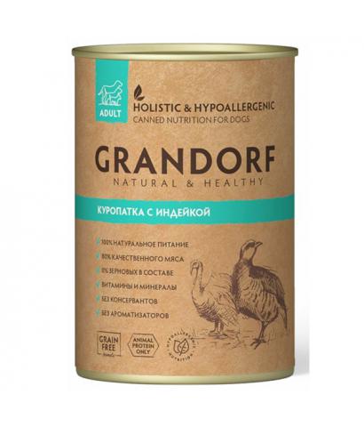 Консервированный корм «Грандорф» с куропаткой и индейкой для взрослых собак.