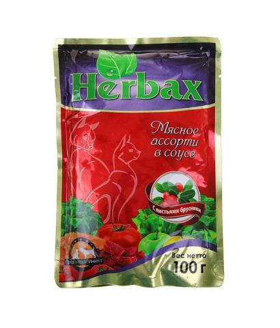 Корм для кошек Herbax — «Мясное ассорти в соусе» с листьями брусники