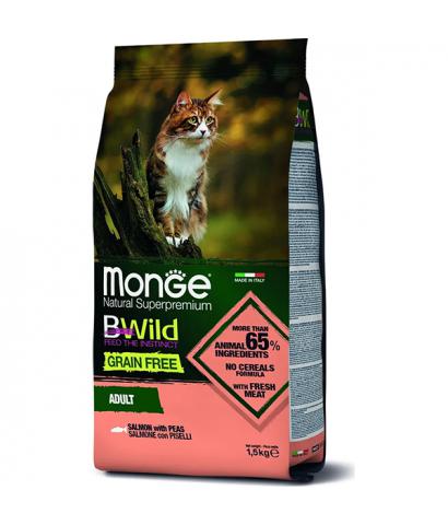 Сухой беззерновой полнорационный корм «Монж БиВайлд» с лососем и горохом для взрослых кошек.