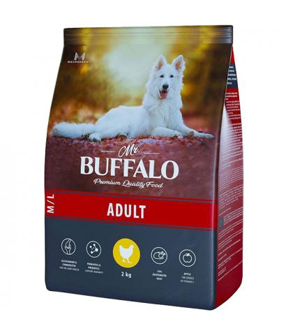 Сухой полнорационный корм «Мистер Буффало» с курицей для взрослых собак средних и крупных пород.
