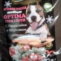 Фото этикетки сухого полнорационного корма «Акари Киар Оптима Фиш Лайт» с лососем и рисом для взрослых собак крупная гранула