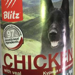 Фото банки консервированного полнорационного корма «Блиц Классик» с курицей и телятиной для собак всех пород, размеров и возрастов