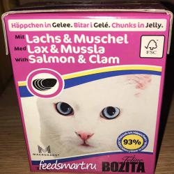 Фото консервированного полнорационного корма «Бозита Фелин» — кусочки в желе с лососем и моллюсками для кошек