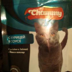 Фото упаковки консервированного дополнительного корма «Чамми» с курицей в соусе для кошек