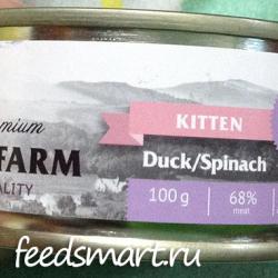 Фото консервированного беззернового корма «Дьюкс Фарм» с уткой и шпинатом для котят