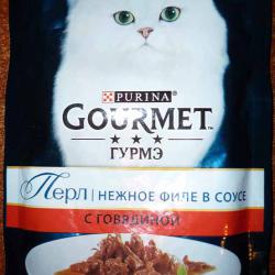 Фото консервированного полнорационного корма «Пурина Гурмэ Перл» «Нежное филе в соусе» с говядиной для взрослых кошек