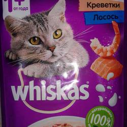 Фото консервированного полнорационного корма «Вискас» «Аппетитный микс» — «Креветки и лосось в сливочном соусе» для взрослых кошек